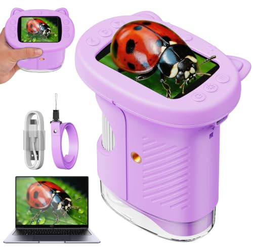 ASPOVEN Microscopio Portátil para Niños, Microscopio Digital 1000x Niños con Pantalla IPS de 2,4 Pulgadas, Función de Fotografía y Compatible con PC para Jardín, Bosque y Al Aire Libre (Morado)