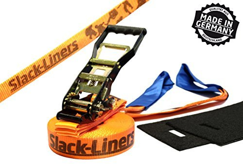 Slack-Liners 4 Teiliges Slackline-Set ORANGE - 50mm breit, 25m lang - mit Langhebelratsche Made in Germany