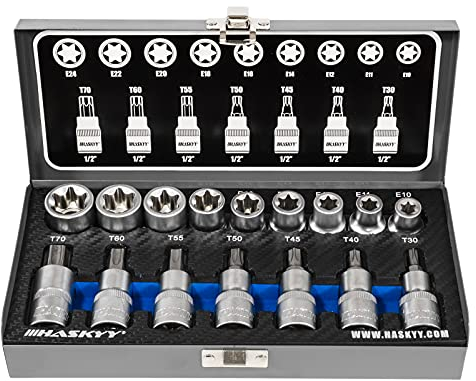 Haskyy Professional 16 pièces Jeu de douilles Torx d'embouts I Jeu d'écrous I T30-T70 55mm de long I E10-E20 39mm de long