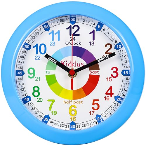 Kiddus Orologio da Parete Didattico per Bambini, Ragazzi. Analogico. con Esercizi per Imparare a Leggere l’Ora. Movimento al Quarzo Silenzioso. English Blue