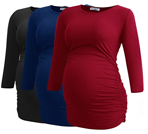 Smallshow Damen Schwanger Mutterschaft Oberteile 3/4 Ärmel Umstandsshirts Schwangere Tops Schwangerschafts Umstandstop 3er Pack,Black/Navy/Wine,L