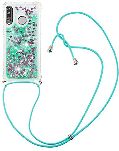 MRSTER Handykette Kompatibel mit Huawei P30 Lite, Glitzer Flüssig Bewegende Treibsand Handyhülle mit Necklace mask Lanyard Schutzhülle für Huawei P30 Lite. LP Love Green