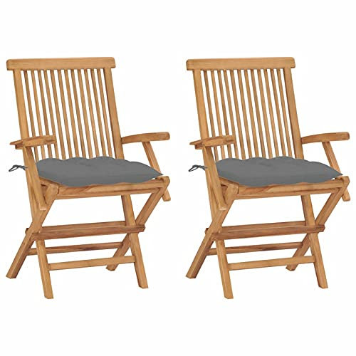 Tidyard 2X Gartenstuhl mit Grauen Kissen Holzstuhl Klappstuhl Gartenstühle Balkonstuhl Terrassenstuhl Gartenmöbel Armlehnen Stuhl Massivholz Teak