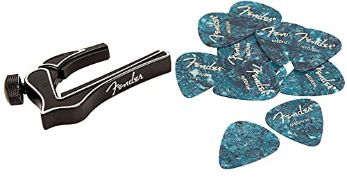 Fender HN157775 Kapodaster & 351 Shape Premium Plektren (12 Stück) für E-Gitarre, Akustikgitarre, Mandoline und Bass Medium Ocean Türkis