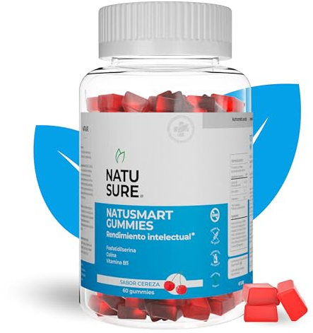 NATUSURE NatuSmart 60 Gummies – Gominolas Veganas para Estudiar con Fosfatidilserina y Colina – Rendimiento Intelectual, Concentración y Memoria – Sabor Cereza – para Adultos y Niños 8+ Años