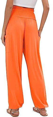 AMDOLE Pantalones vaqueros holgados de color liso para mujer, con bolsillos, cintura alta, holgados, informales, pantalones largos, pantalones vaqueros elásticos para mujer, naranja, 3XL