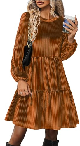 Zeagoo Robes Femme Hiver Manches Longues Robe en Velours Col Rond Volant Robe de Soirée Trapèze Mi-Longue Automne Robes avec Poche Brun Caramel L