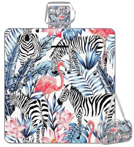 Mularoka Picknickdecke mit tropischen Zebra-Flamingo-Blättern, wasserdicht, sanddicht, faltbar, Stranddecke, 150 x 145 cm, extra groß, tragbar, waschbar, Outdoor-Matte für Camping, Park, Gras,