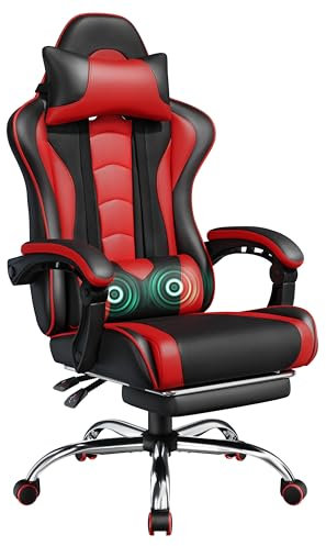 Yaheetech Gaming Chair for Adults, Ergonomic Video Game Chair with Massage Lumbar Support and Footrest Swivel, Height Adjustable Reclining Computer Racing Gamer Chair with Headrest - Black/Red