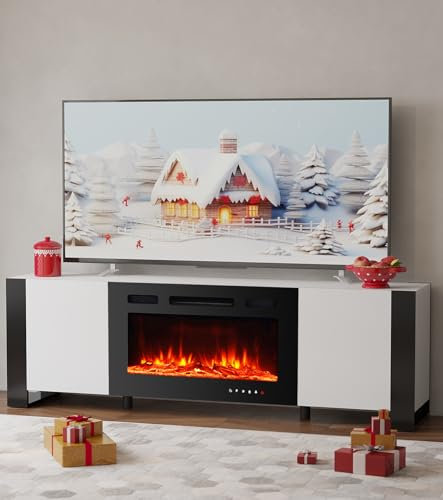 MachenFlame Electric Fireplace 165cm/65 Insert TV Stand,Entertainment Center Console Table with 12 Flame Colors&5-level Flame 30 Fireplace Heater, Crystal & Log Set.
