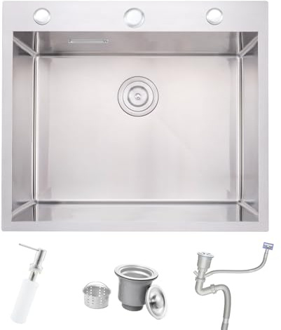 Fregadero de Cocina Cepillado, Bokaiya 55 x 50 cm Empotrable, de Acero Inoxidable, Profundo, con 3 Agujeros para Grifo, Dispensador de Jabón y Sifón, para Cocinas Pequeñas, Bares y Restaurantes
