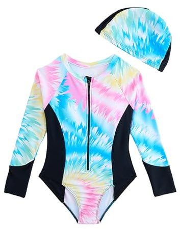 iiniim Girls Front Zipper Rash Guard Swimsuit Long Sleeve Swimwear with Swim Hat Bathing Suit Blue 10-11 Years