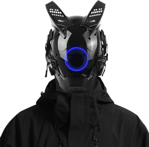 Punk Maschera con LED luce blu e set di ciondoli fai da te - Mezza maschera per costumi Techwear, maschera elettrica con dettagli neon e stile adatto per DJ