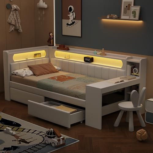 Zravenna Tagesbett 90 x 200 cm, mit Schreibtisch, Staufach und 2 Schubladen, Funktionsbett, Bettgestell mit Lattenrost, Ohne Matratze (Weiß -B)