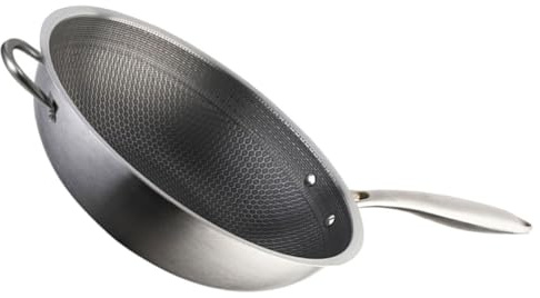 FONDOTIN Padella Wok in Acciaio Inox 34 CM Fondo a Nido D’Ape Pentola da Cucina senza Rivestimento per Fornello a Induzione Padella Portatile Versatile per Barbecue e Verdure