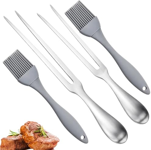 2 Stück 30.5/26.5 cm Fleischgabel Edelstahl und 2 Silikon Ölbürste, Fleischgabel Klein und Groß Set, Tranchiergabel Edelstahl Bratengabel für Grillen Kochen Restaurant Camping