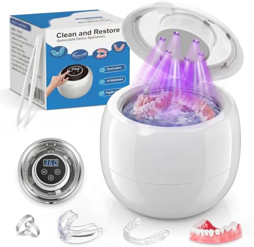Pulitore ultrasuoni, 45000Hz con 6 luci UV, ultrasonic cleaner ricaricabile con 4 modalità. Per retenitori, protesi, brackets, allineatori, impianti e gioielli in argento