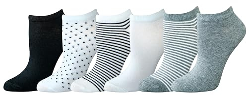 Amazon Essentials Calzini Corti Casual, Leggeri Donna, 6 Paia, Bianco/Grigio/Nero/Pois/Righe, 36-39.5
