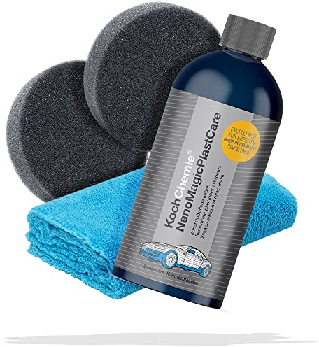 detailmate Kunststoff Pflege Set: Koch Chemie Nano Magic Plast Care Kunststoffpflege außen 500ml + Applikationsschwamm + extra Flauschiges Mikrofasertuch 40x40cm, 450 GSM