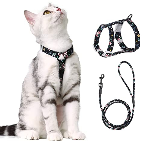 PETTOM Blumenmuster katzengeschirr mit Leine katzenleine mit Geschirr für Katzen mit Rundes Schlüsselband Ausbruchsicher Einstellbarer Brustgurt Geeignet für kleine und mittlere Katzen