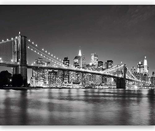 Fotomural New York 3D, incluido el mural de pared en pasta incl. Pasta de pegamento Manhattan Skyline City EE. UU. Blanco y negro Puente de Brooklyn Noche * 400cmx280cm (157.4x110.2inch)