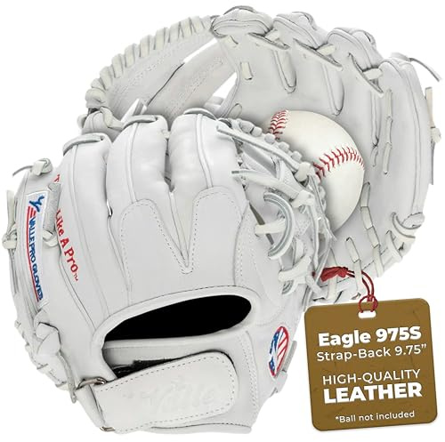 Valle Eagle 975S Strap-Back Infield Baseball Glove I Web – Sure Catch, Made with Soft Steer Hide Leather - Advanced Training & Practice Mitt for Youth, Boys & Girls – Left Hand Throw – White, 9.75”