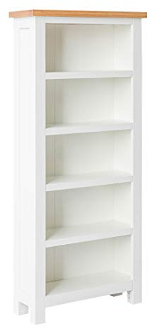 Farro White Tall Narrow Living Room Bookcase with Oak Top | Roseland Furniture Contemporary Country Slim Painted Pine Solid Wooden Bookshelf with 5 Shelves for Hallway or Office