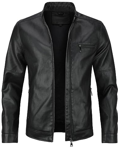 Sliktaa Hommes Blouson en Similicuir Écologique d'hiver avec Un Col Montant Haut de Transition Matelassee Moto Pilote Zippé Fermeture Eclair Casual Veste en Cuir Cool Classique,Noir E,XL