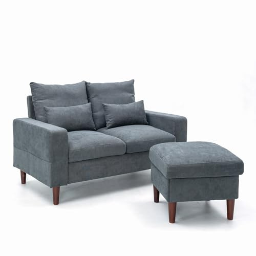 Panana Linen Fabric Love Seats Couch Sofas (Grey, 2 Seater with footstool)