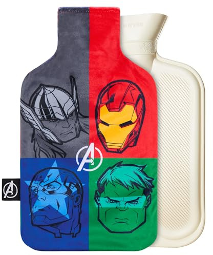 Marvel Bolsa de Agua Caliente con Funda de Franela - Botella de Agua Caliente de Caucho Larga, Capacidad de 1,7 o 2 litros Regalos para Hombres (Multicolor Avengers), talla única