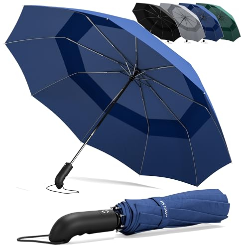 Regenschirm Taschenschirm Sturmfest + Auf-Zu Automatik & Schirm-Tasche, Schwarz | Herren Damen Reiseschirm - Kompakt Stabil, Teflon Wind- & Regen- Dicht | Taschenregenschirm Golfschirm Umbrella