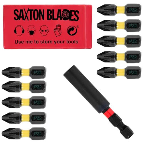 Saxton - Set di 10 punte per trapano avvitatore a percussione PZ2-25 mm + supporto magnetico per punte compatibili con Dewalt Milwaukee Bosch