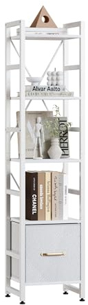 TREETALK 5 Tier Bookshelf,Tall Narrow Bookcase with Fabric Drawer, Industrial Display Standing Shelf Units with 2 X-shape Frame, Storage Rack for Living Room,Bedroom, Home Office (White)
