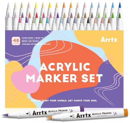 Arrtx Acryl-Marker, 48 Farben, Pinselspitze, Acrylfarbstifte für Steinmalerei, Glas, Stein, Holz, Keramik, Stoff, Bastel- und Kunstbedarf | 1 bis 6 mm Spitze, Kein Pumpen, hochdeckend und schnelltrocknend. Für Steine bemalen, Holz, Glas, Keramik, DIY Basteln.
