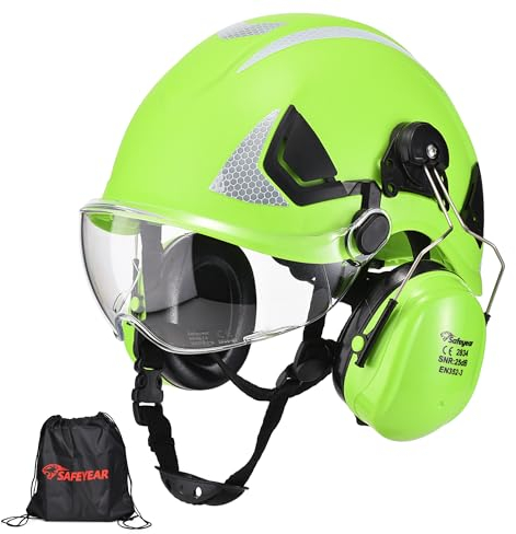 SAFEYEAR Casco de protección para Adultos con Gafas Protectoras contra arañazos, Orejeras, Casco de Seguridad ABS EN397, Correa de Barbilla, Correa Reflectante y Orificios de ventilación
