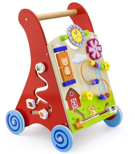 Lauflernwagen Lauflerner, Activity Babywalker mit Motorikbrett aus FSC-Holz, mit Gummilaufringen und Motorikspielzeug