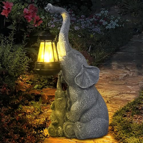 IXYHKB Elefanten Deko mit Solar Laterne Gartenfiguren, 22 cm Elefantenstatue mit Solar Light, Elefant Tier Statue Deko für Garten Terrasse, Wetterfest, Geburtstagsgeschenk für Frauen Mama Freundin