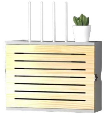 Router WiFi montado en la pared gris con caja de almacenamiento oculta, organizador de cables y estante de almacenamiento decorativo, instalación sin perforaciones