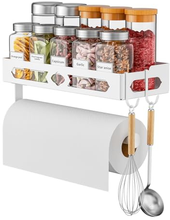 BOIVSHI portaspezie con portarotolo e ganci, Portaspezie Da Appendere con portaro tolo, mensola da cucina da parete, bianco