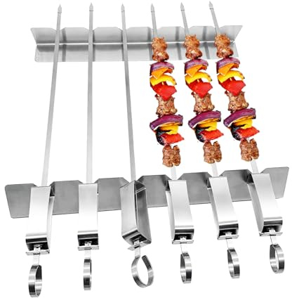 APKOL Edelstahl Grillspieße Set mit 6 Stück und Grillgestell, Schaschlikspieße mit Halterung für Fleisch und Gemüse, 100% Edelstahl, Silber, Schwarz