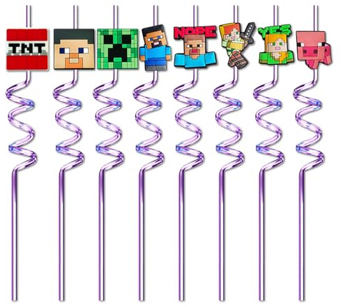 8 PCS Gaming Reusable Straws, Colourful Curly Drinking Straws with Charms, Pixel Style Plastic Straw for Kids Adult Birthday Party