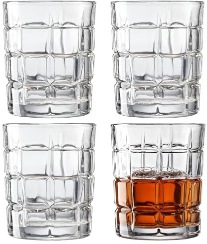 Whisky - 4 vasos de rocas, vasos resistentes de bola baja, vasos de cristal transparente para whisky, vasos a cuadros, cócteles, licores bourbon para