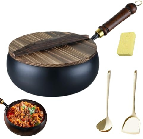 Drbrrly Pentola in ferro spesso non rivestita, pentola in ferro non rivestito di livello professionale, pentola in ferros forgiato a mano Big Belly con coperchio in legno (coperchio in legno, 26cm)