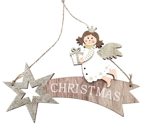 SHALOM - Addobbo Natalizio in Legno Stella Cometa E Angelo. Lunghezza 22,3 Cm