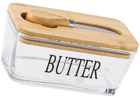 Fdit Beurrier en Verre avec Couvercle Hermétique et -Beurre en Acier Inoxydable, Récipient à Beurre Transparent de 500 Ml pour Fromage à la Crème et Collations avec Couvercle (Couleur du bois naturel)