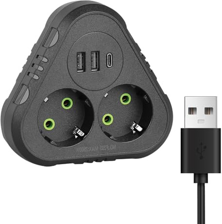 RNPKZ Doppelstecker für Steckdose, 2500W/10A Steckdosenadapter, 5 in 1 Steckdosenleiste mit 2 Fach Stecker, 2 USB und 1 Typ-C Por, Mehrfachstecker Ohne Kabel für Büro, Hause, Reisen, Wand Ladegerät