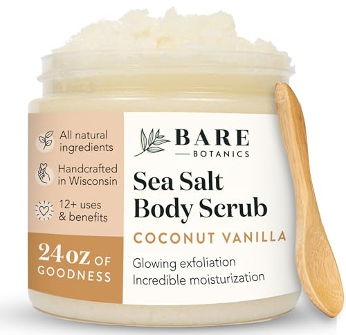 Bare Botanics Coconut Vanilla Body Scrub 24oz | Made in USA | All Natural Sea Salt Scrub w/Skin Loving Moisturizers | Vegan & Cruelty Free | Ready to Gift w/a Cute Wooden Spoon