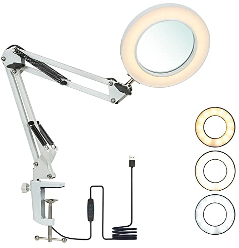 Lámpara de aumento LED 8X con luz,Lámpara de escritorio de 3 colores con lupa con brazo giratorio ajustable y USB recargable, para banco de trabajo