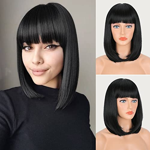 FESHFEN Peluca Negra Corta con Flequillo para Mujeres Pelucas Sintéticas de Longitud Media con Flequillo Pelucas de Cabello Liso Diario 35cm