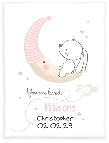 Herding babybest Babydecke, Kuscheldecke Häschen, Personalisiert mit Name und Datum (Bestickt), 75 x 100 cm, 100% Polyester